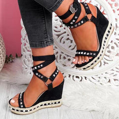Beige Heeled Sandals Clogs Wedge Comfort Shoes for Women Large Size Cross 2022 Summer Buckle Black Platform Girls Studded Low Bi voguable