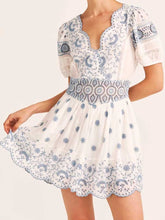 Eyelet embroidery dress women puffed sleeves scallop-edged hem mini summer dress V-neck sweet party dress ladies voguable