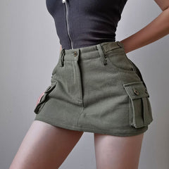 Sexy Low Waist Mini Skirt Women Y2K Aesthetic 2000s Vintage A-line Wild Pockets Ultrashort Clubwear Cargo Skirts with Shorts voguable