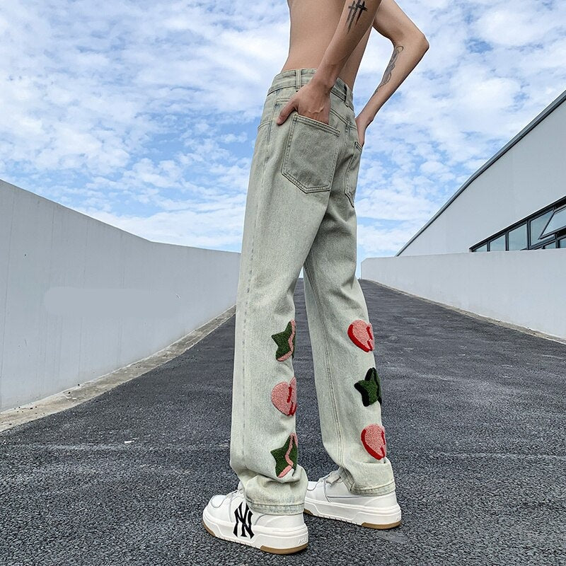 Embroidered Cute Graphic Ins Men Jeans Streetwear Loose Straight Hip Hop Male Denim Pants American Style Unisex Trousers voguable