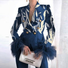 Voguable Elegant Turn-down Collar Lady Suit Tops Casual Feather Patchwork Long Sleeve Coat Women Fashion Double-Breasted Jacket Outerwear voguable