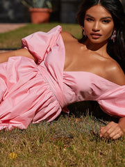 New Summer Women'S Dresses One Word Neck Bubble Short Sleeve Sexy Open Back Solid Color Dress Simple Pastoral Pink Tight Dress voguable