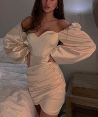 Voguable Dulzura Solid Women Satin Lantern Sleeve Mini Dress Slit Ruched Bodycon Sexy Party Elegant Streetwear Club 2021 Spring Summer voguable