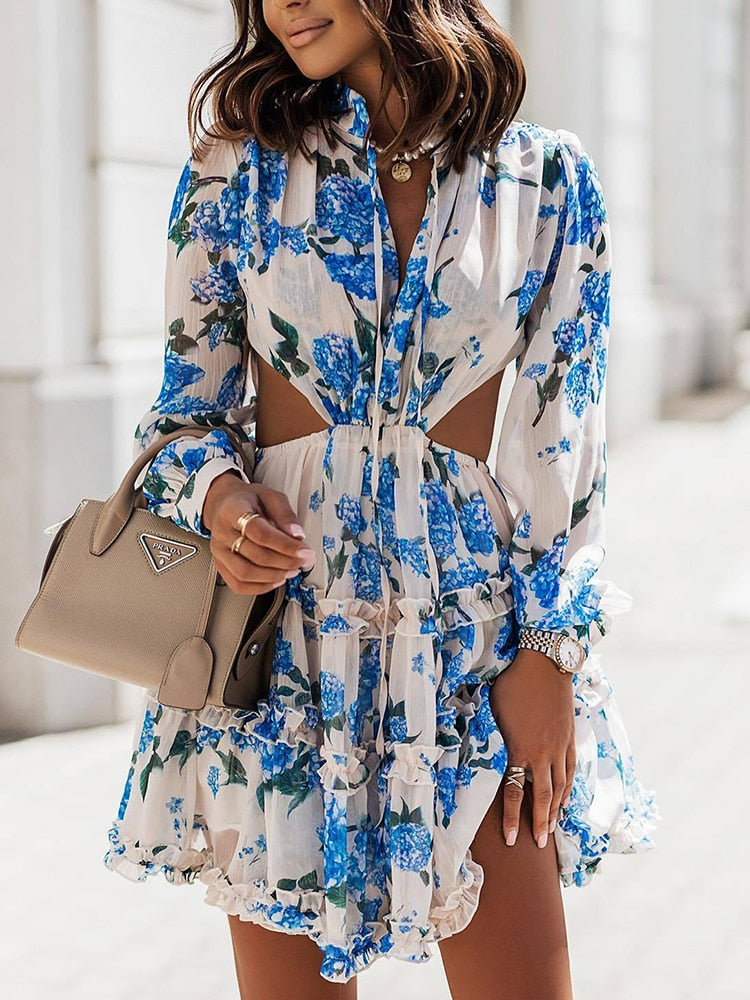 Backless Long Sleeve Chiffon Blue Casual Women Spring Summer Short Dress Lace Up Purple A-line Ruffles Robe Dress voguable