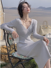 Autumn Elegant Ribbed Knitted Dresses For Women Winter Bodycon Evening Party Dress Female Fashion Long Sleeve Vestidos voguable