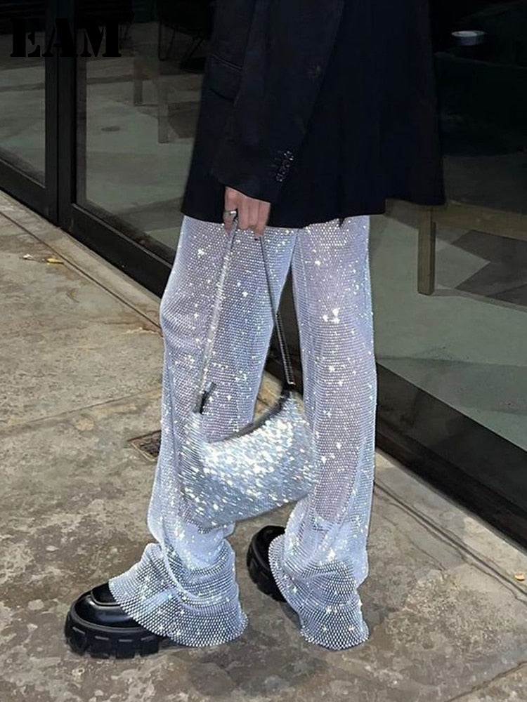 High Waist White Rhinestones Shining Long Wide Leg Pants New Loose Fit Trousers Women Fashion Spring Autumn voguable