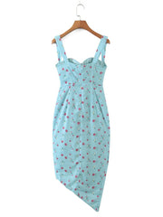 2022 Fashion Women Spaghetti Strap Asymmetrical Drawstring Slit Sexy Dress Sweet Floral Print Summer Ladies Chiffon Robe voguable