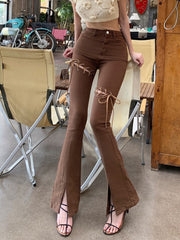 New Fashion Brown Patchwork Bandage Jeans Women Vintage Casual Split Wide Leg Pants Spring Autumn American Trousers voguable