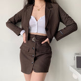 Matching Set Blazer and Skirts Women Long Sleeve Notched Cropped Blazer High Waist Mini Skirt Office Lady Striped Two Piece Set voguable