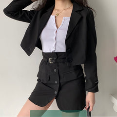 Matching Set Blazer and Skirts Women Long Sleeve Notched Cropped Blazer High Waist Mini Skirt Office Lady Striped Two Piece Set voguable