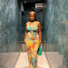 Women Halter Aesthetic Colorful Tie Dry Maxi Dress Hipster Striped Patchwork sleeveless Straight Robe Female Streetwear voguable