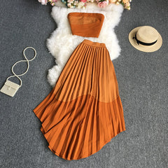 Summer Women Skirt Sets Patchwork Green One Pices Midriff Strapless + High Waist Pleated Asymmetric Skirt Sexy Beach Holiday New voguable