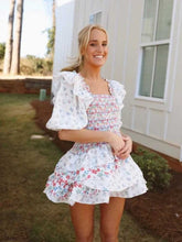 Mixed floral prints ruffled party dress puff sleeve square neck smocked sexy laides dress mini chic summer dress voguable