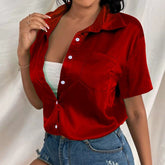 Fashion Casual Satin Blouse Women Summer Loose Button Up Silk Women Shirt Solid Office Lady Short Sleeve Blouses Tops voguable