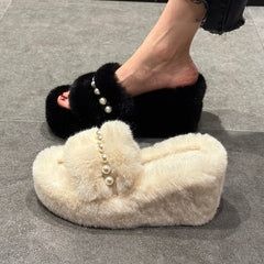 String Bead On A Wedge Shoes Woman's Slippers Luxury Slides Flock Platform Fur Flip Flops Heeled Mules Designer Plush High voguable