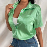 Fashion Casual Satin Blouse Women Summer Loose Button Up Silk Women Shirt Solid Office Lady Short Sleeve Blouses Tops voguable