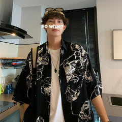 Summer Short-sleeved Shirt Men Fashion Casual Print Flower Shirt Men Streetwear Loose Ice Silk Shirts Mens Hawaiian Shirt M-2XL voguable
