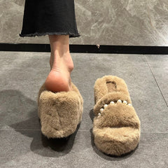String Bead On A Wedge Shoes Woman's Slippers Luxury Slides Flock Platform Fur Flip Flops Heeled Mules Designer Plush High voguable