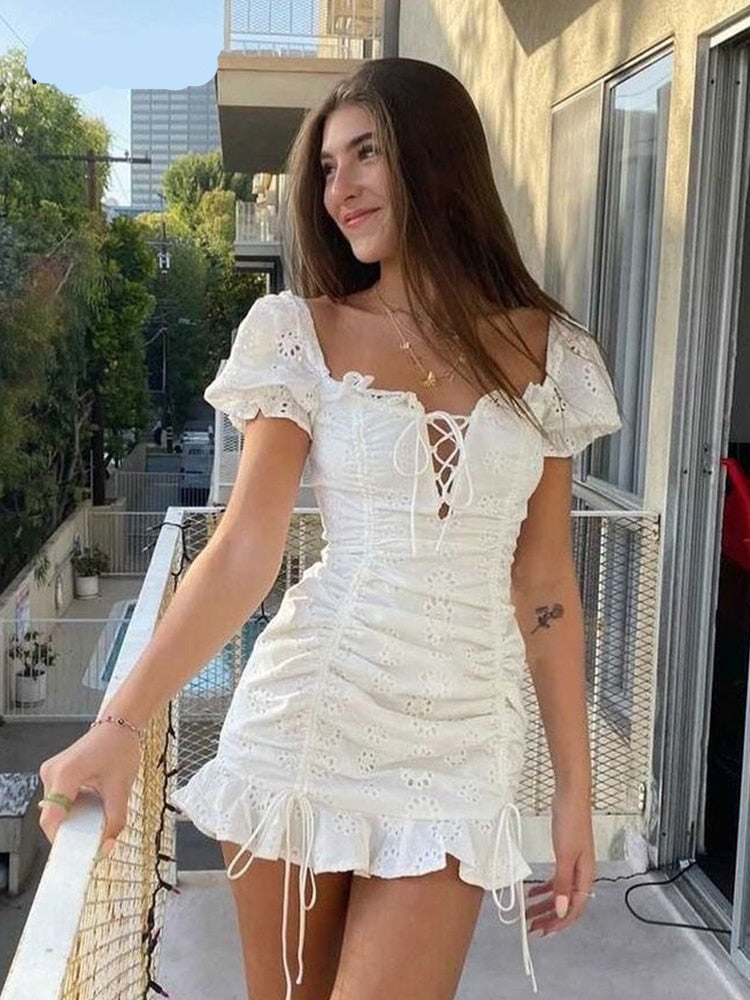 Voguable Lace up embriodery white summer dress women hollow out beach short dress puff sleeve ruffle ruched bodycon mini dress vestidos voguable