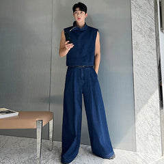 Men's Denim Sets Korean Niche Stand Collar Denim Vest Loose Wide Leg Straight Jeans Summer New Male Two Piece 9C138 voguable