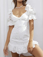 Ruffles Puff Sleeve White Lace Dress Flower Embriodery Hollow Out Cotton Beach Dress Women Backless Party Mini Dress voguable