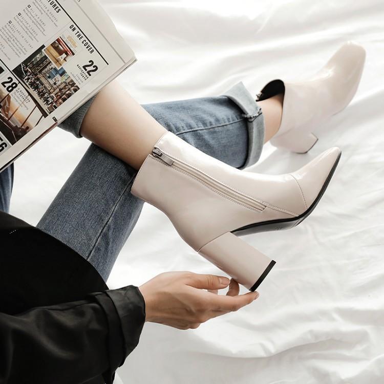 White Shoes Women's Boots Autumn Boots-Women Round Toe Ladies Large Size Low Ankle High Heel Slip-On Microfiber Lace-Up So voguable