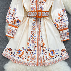 Spring Elegant Mini Dress for Women Indie Folk Printed Flare Sleeve Female Short Robe Boho with Belt Lapel Chic Luxury New In voguable