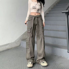 Voguable Hot Girl Cargo Pants Woman Elastic High Waist Big Pockets Trousers Y2K Streetwear Hip Hop Drawstring Retro Baggy Jeans Femme voguable