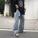 Jeans Men Summer Hole Hip Hop Ins High Street Teens Stylish Denim Trouser Baggy All-match Pure Color Ulzzang Wide Leg Джинсы New voguable