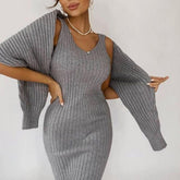 Women Elegant Slim Two Piece Sets Female Sweater Dress Autumn Winter High Waist Knitted Ensemble Femme Medium Long Party Dresses voguable