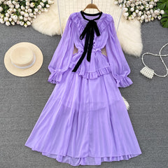 Summer Elegant Midi Dress for Women Ruffle Patchwork Bow Tie Neck Long Sleeve Female Vestidos Thin Chiffon Elegant New In Chic voguable