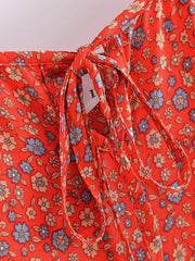 Vintage Chic Women Red Floral Print Sleeveless Spaghetti Strap Beach Bohemian Dresses Ladies Summer Boho Midi Dress Robe voguable