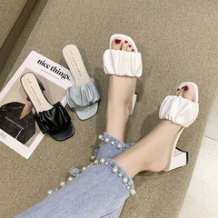 Square heel Female Shoes Slippers Heels Low Slides Fashion Block High Luxury Basic Rubber Rome Fabric Scandals PU Toe Hoof voguable