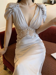 Voguable New 2022 Dresses High Waist Elegant Lady Vintage Chic Sexy Lace Petal Sleeve Women Summer Fashion Long Evening Dress voguable