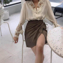 Blouse Women Elegant Retro Vintage Shirt Embroidered Floral Top Long Sleeve voguable