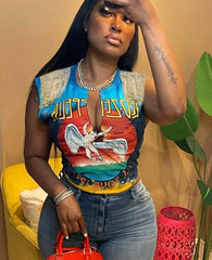 Summer Streetwear Clothes Sleeveless Crop Tops Women 2022 Tassel Print Graphics T Shirts Tees V Neck Tee T Shirt Female voguable