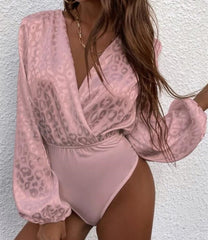 Puff Sleeve Bodysuits Women Leopard Print Long Sleeve V Neck Tops Blouses Autumn Sexy Elegant Bodysuit Top Female New voguable