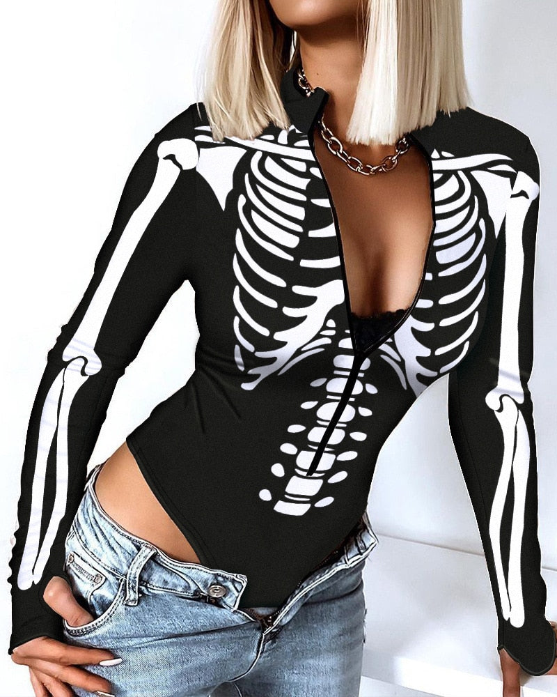 Women Top Romper V Neck Skulls Slim Casual Halloween Skeleton Print Zip Front Long Sleeve Bodysuit Sexy Bodysuits voguable
