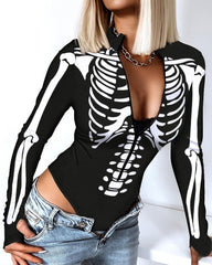 Women Top Romper V Neck Skulls Slim Casual Halloween Skeleton Print Zip Front Long Sleeve Bodysuit Sexy Bodysuits voguable