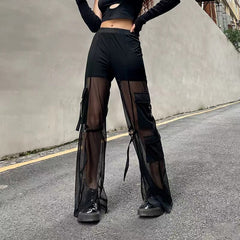 Voguable Harajuku Pocket Baggy Cargo Pants Woman Low Rise Chic Mesh Patchwork See Through Sweatpants Punk Style Women Jogging Trousers voguable