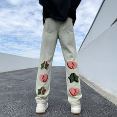 Embroidered Cute Graphic Ins Men Jeans Streetwear Loose Straight Hip Hop Male Denim Pants American Style Unisex Trousers voguable