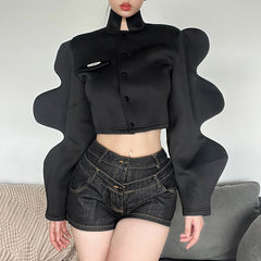 Autumn Streetwear Turtleneck Shirts For Women Long Sleeve Buttons Crop Tops Women Baggy Black Y2K Design Shirt Female voguable