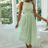 Light Green O Neck Halter Backless Summer Sexy Women Robe Sundress Plaid Solid Party Beach Long Maxi Dress Vestido voguable