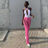 Women's Lace Up PU Leather Pants Chic High Waist Hollow Out Sexy Y2K Drawstring Bandage Cut Out Gothic Faux Leather Trousers voguable