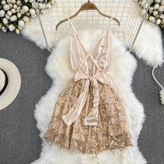 Summer Mini Sequins Dress for Women Tulle Criss Cross Backless Sexy Party Evening Dresses Waist Short Prom Vestidos New In voguable