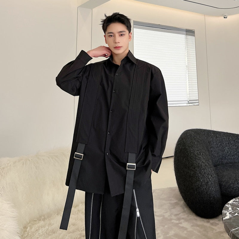 Spring Dark Style Personalized Men's Shirt Long Sleeve Drawstring Decoration Shirts New Fashion Solid Color Top 9A7215 voguable