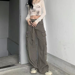 Voguable Hot Girl Cargo Pants Woman Elastic High Waist Big Pockets Trousers Y2K Streetwear Hip Hop Drawstring Retro Baggy Jeans Femme voguable