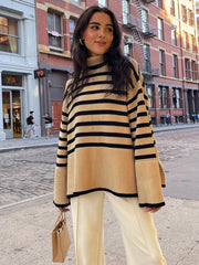 Winter Women’s Long Sleeves Knit Sweater Turtleneck Striped Print Loose Pullover Tops 2022 New Autumn Oversized Sweater voguable