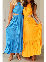 Casual Women Maxi Cotton Rayon Dress Blue Elegant Waist Hollow Out Sleeveless Sexy Beach Long Dress Holiday New Dress voguable