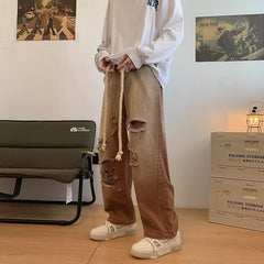Loose Spring Casual Worn Out Hemp Rope Jeans For Men High Street Fashion Design Straight Denim Pants Male Casual Trousers voguable